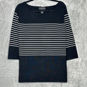 August Silk 2X Shirt Top Black White Striped 3/4 Sleeve Scoop Neck Knit Womens